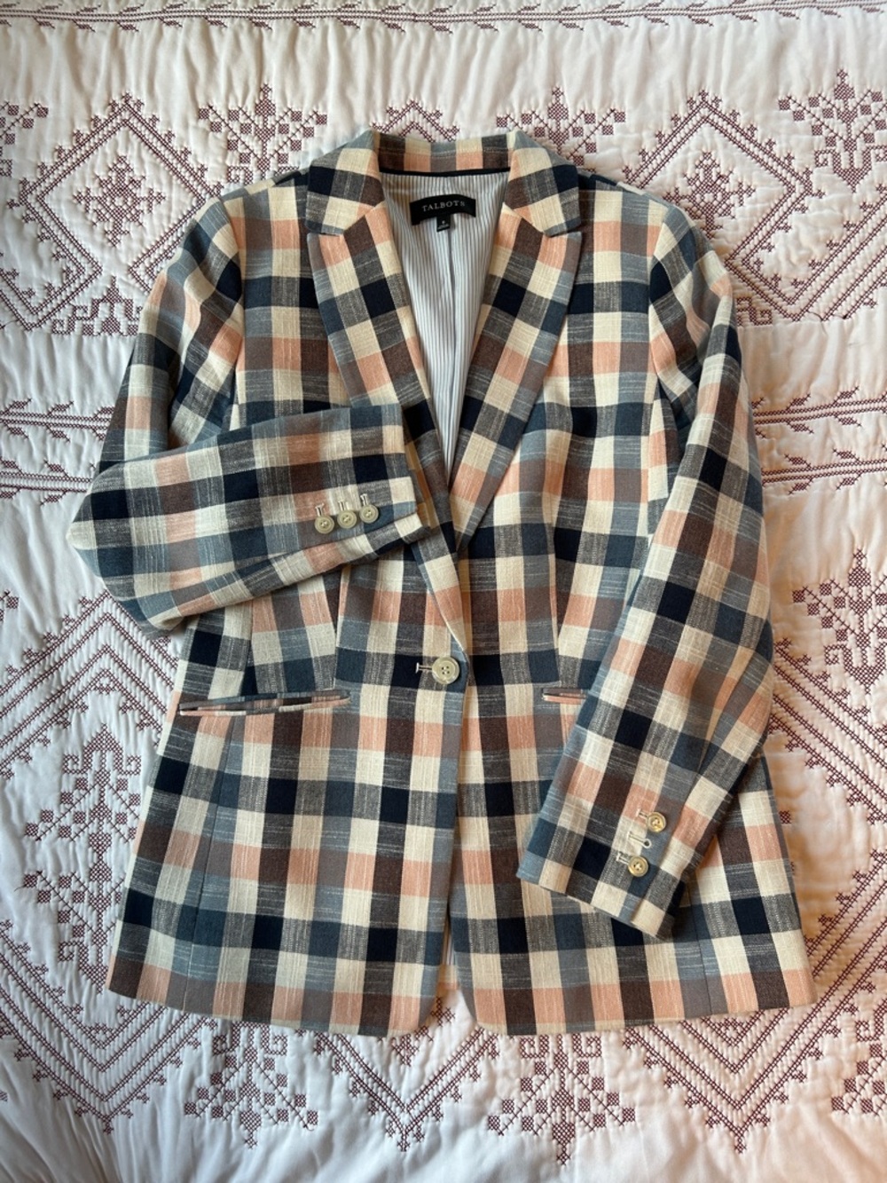 Talbots Plaid Single-Button Blazer in Navy, Beige, Cream and Peach